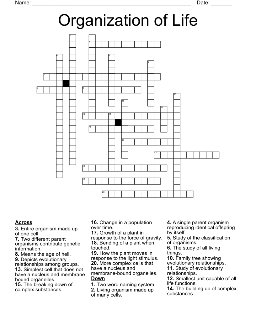 Organization of Life Crossword