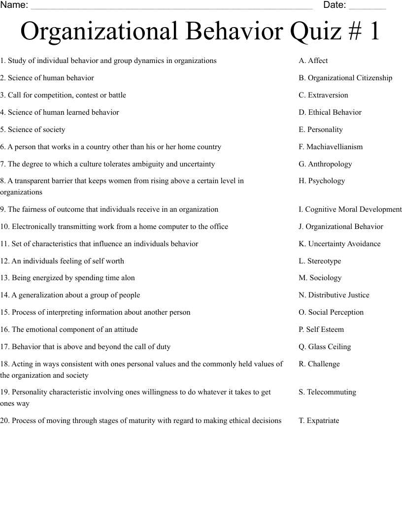Organizational Behavior Quiz # 1 Worksheet
