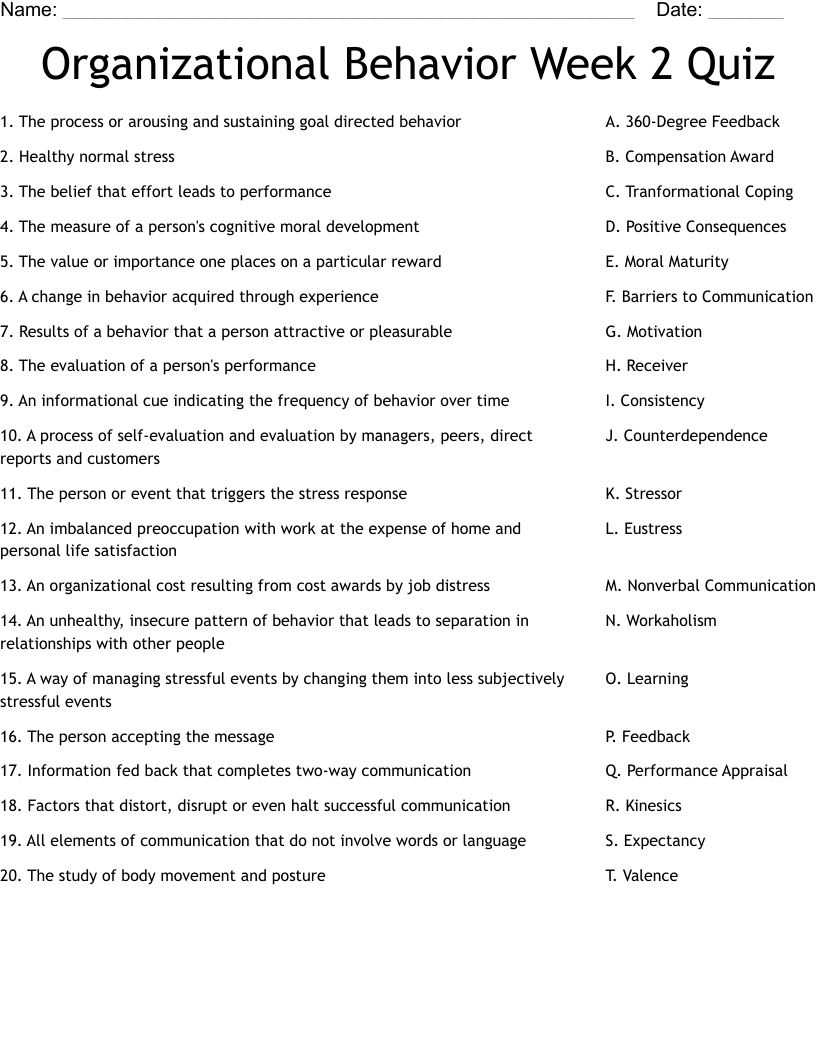 Organizational Behavior Week 2 Quiz Worksheet