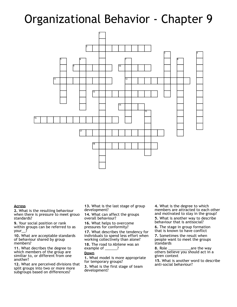 Organizational Behavior - Chapter 9 Crossword