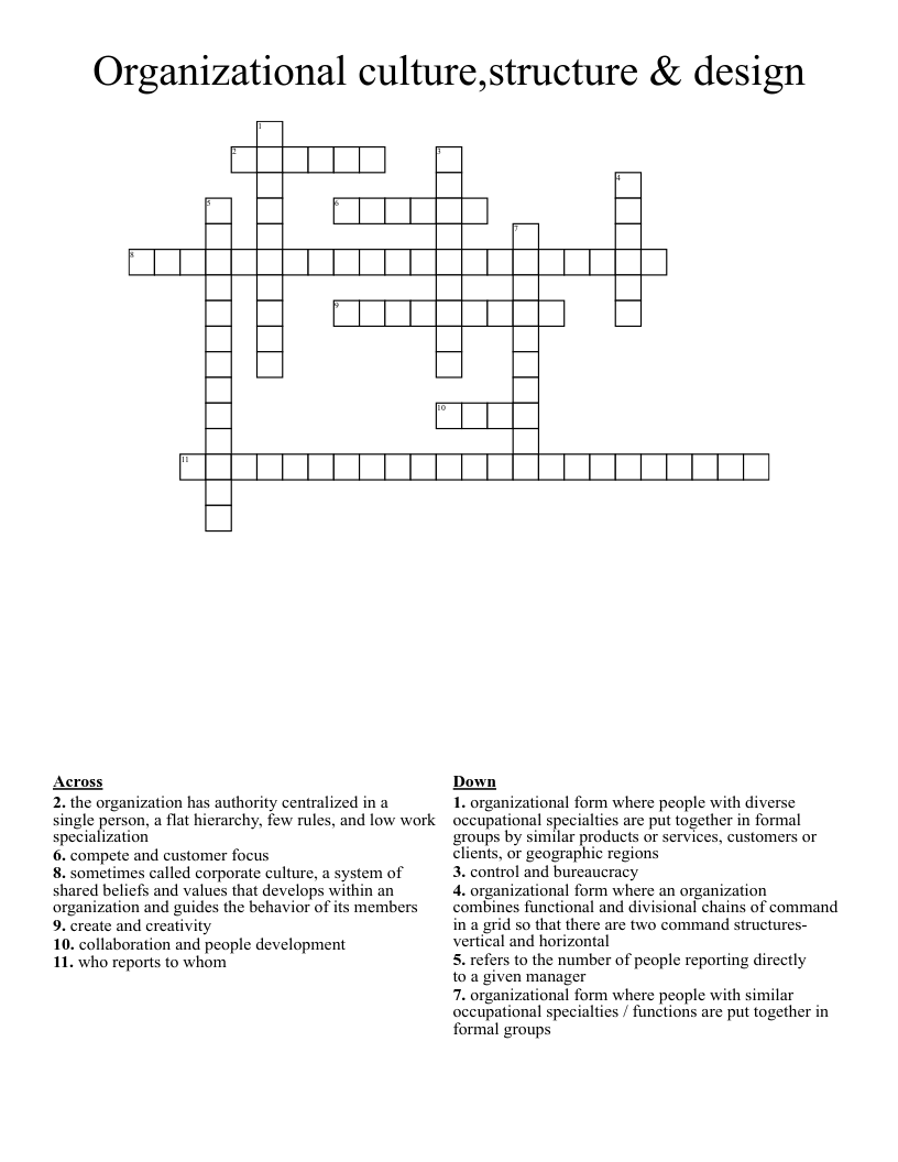 Organizational culture,structure & design Crossword