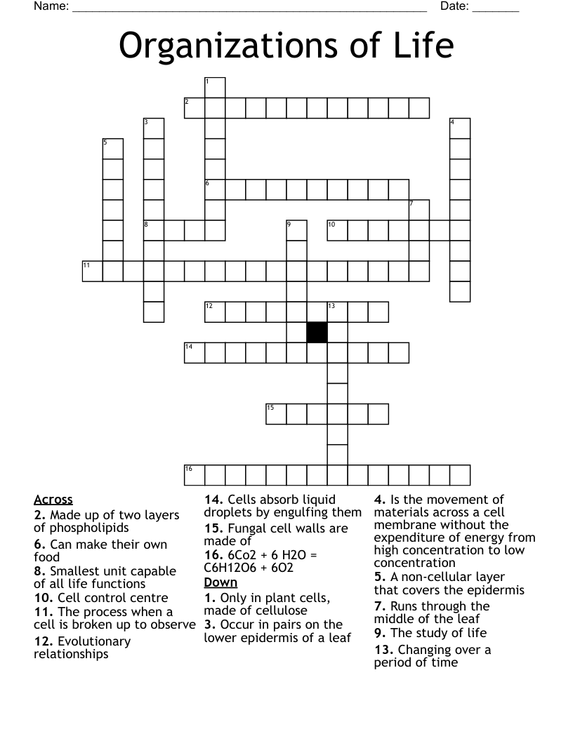 Organizations of Life Crossword