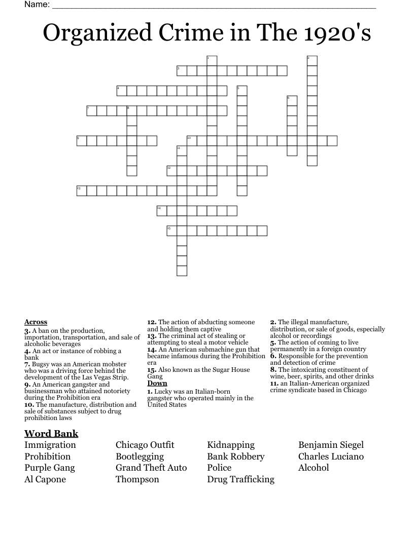 Organized Crime in The 1920's Crossword