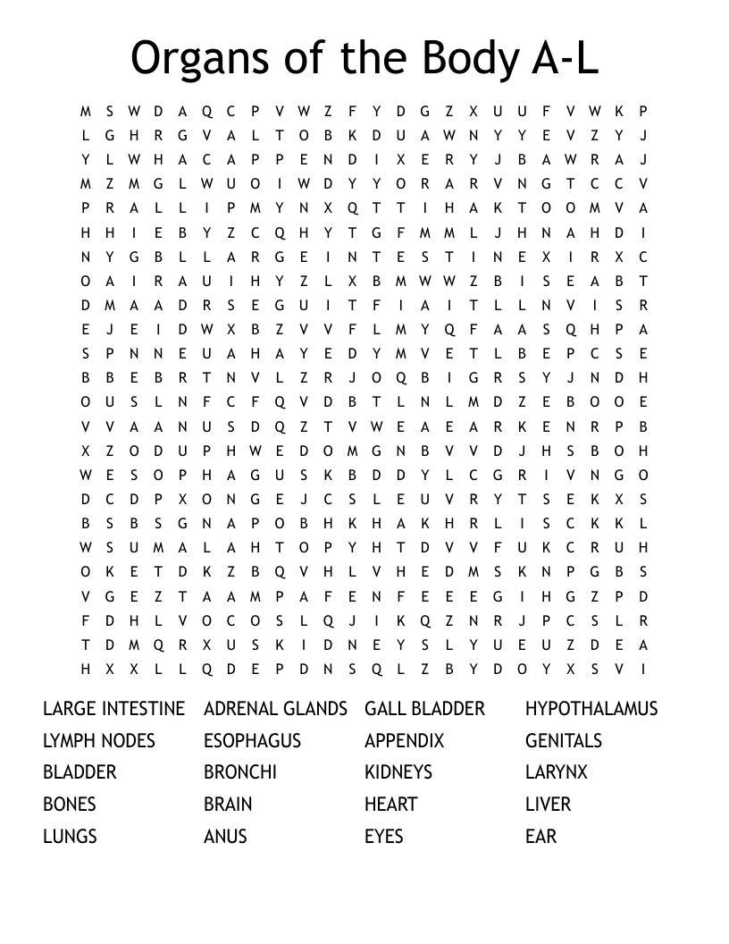 Organs of the Body A-L Word Search