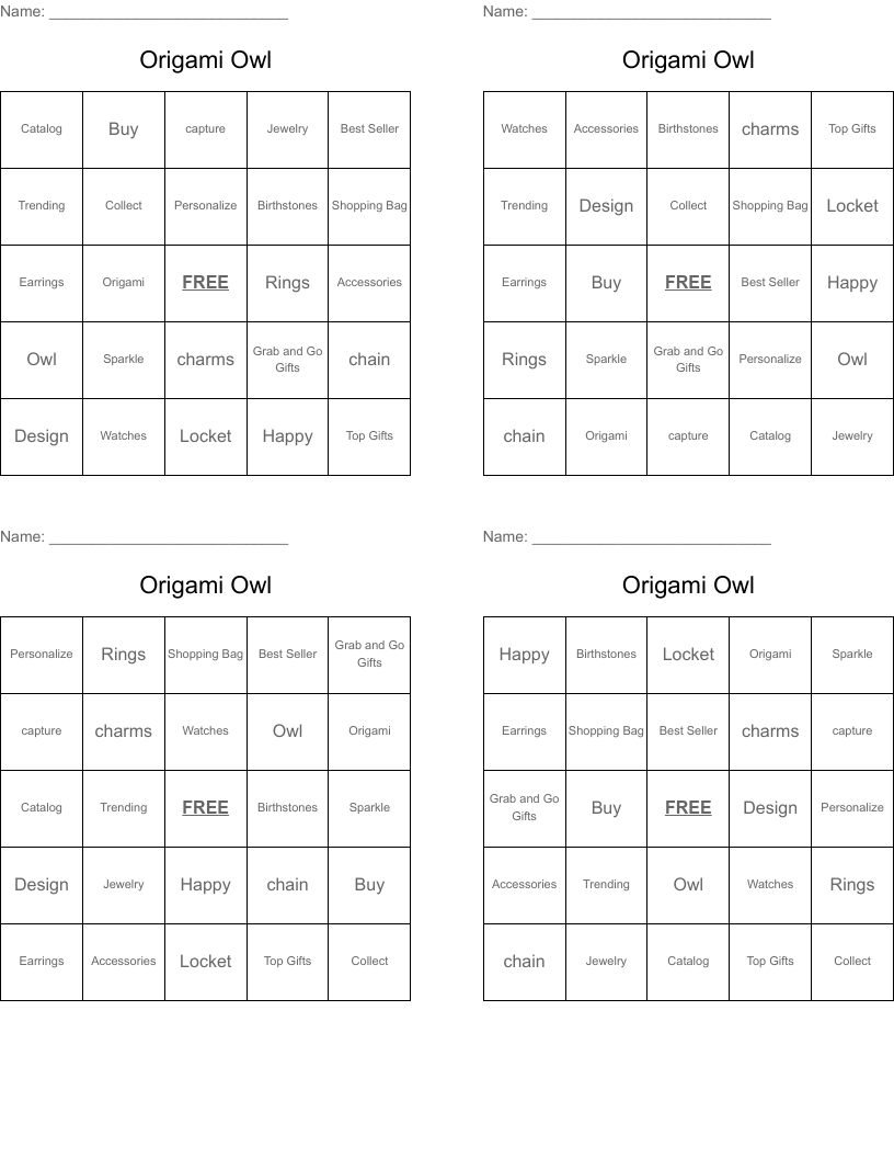 Origami Owl Bingo Cards