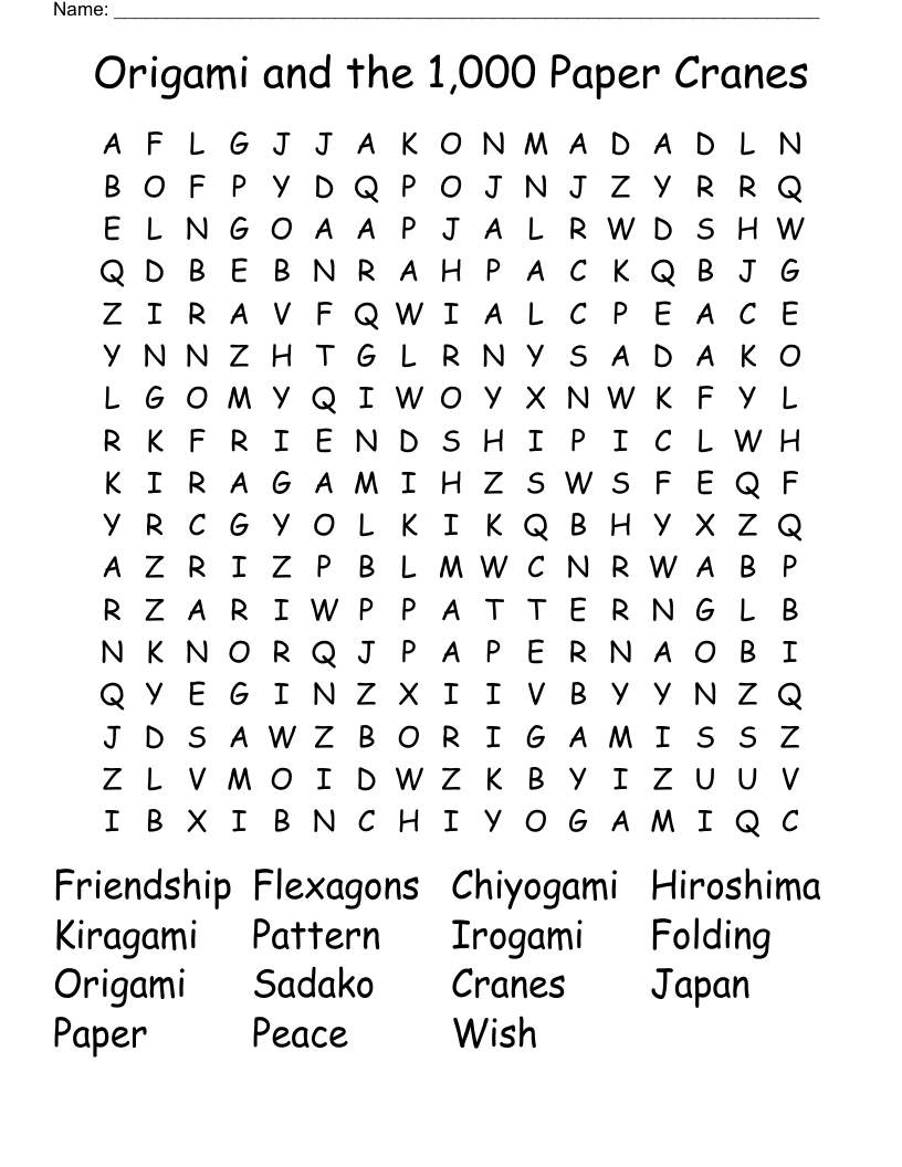 Origami and the 1,000 Paper Cranes Word Search
