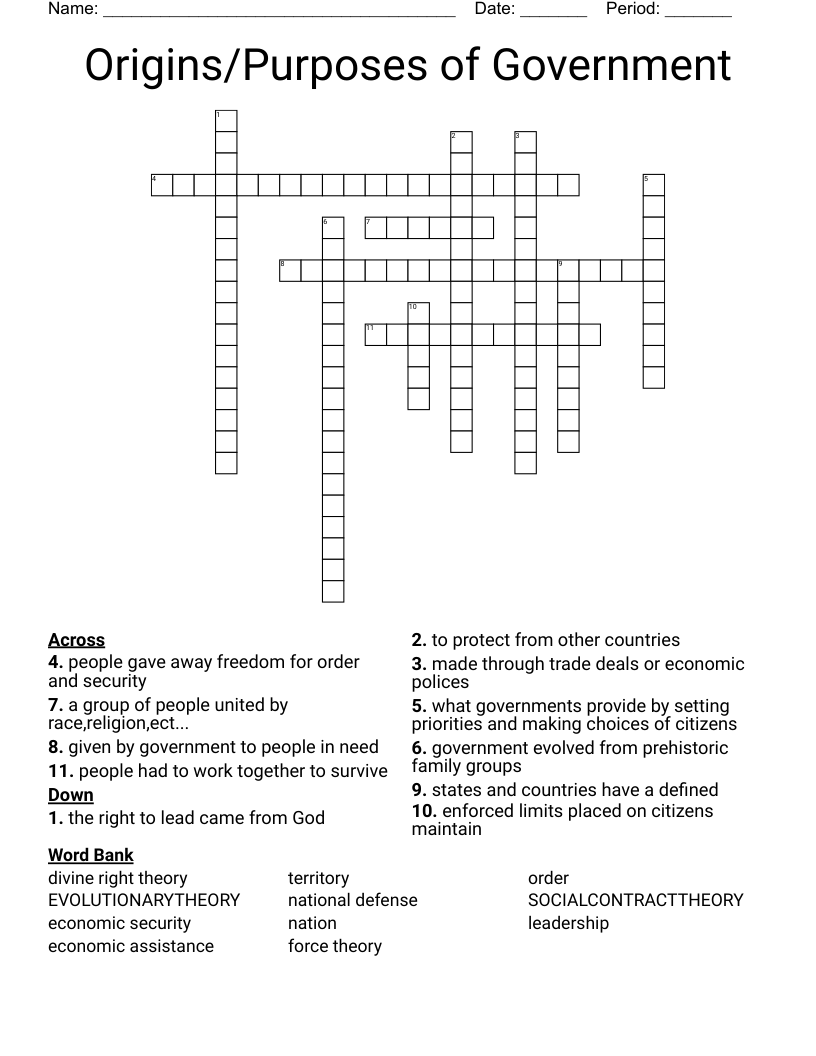 Origins/Purposes of Government Crossword