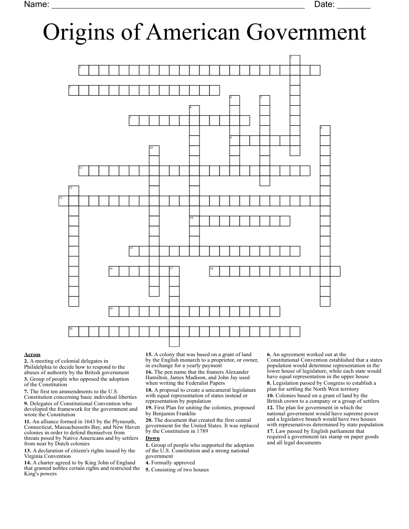 Origins of American Government Crossword