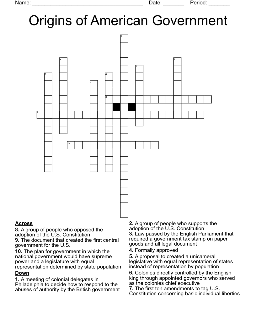 Origins of American Government  Crossword
