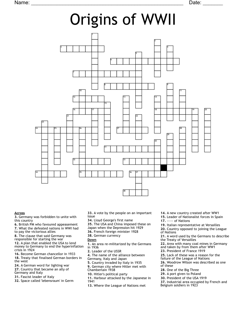 Origins of WWII Crossword