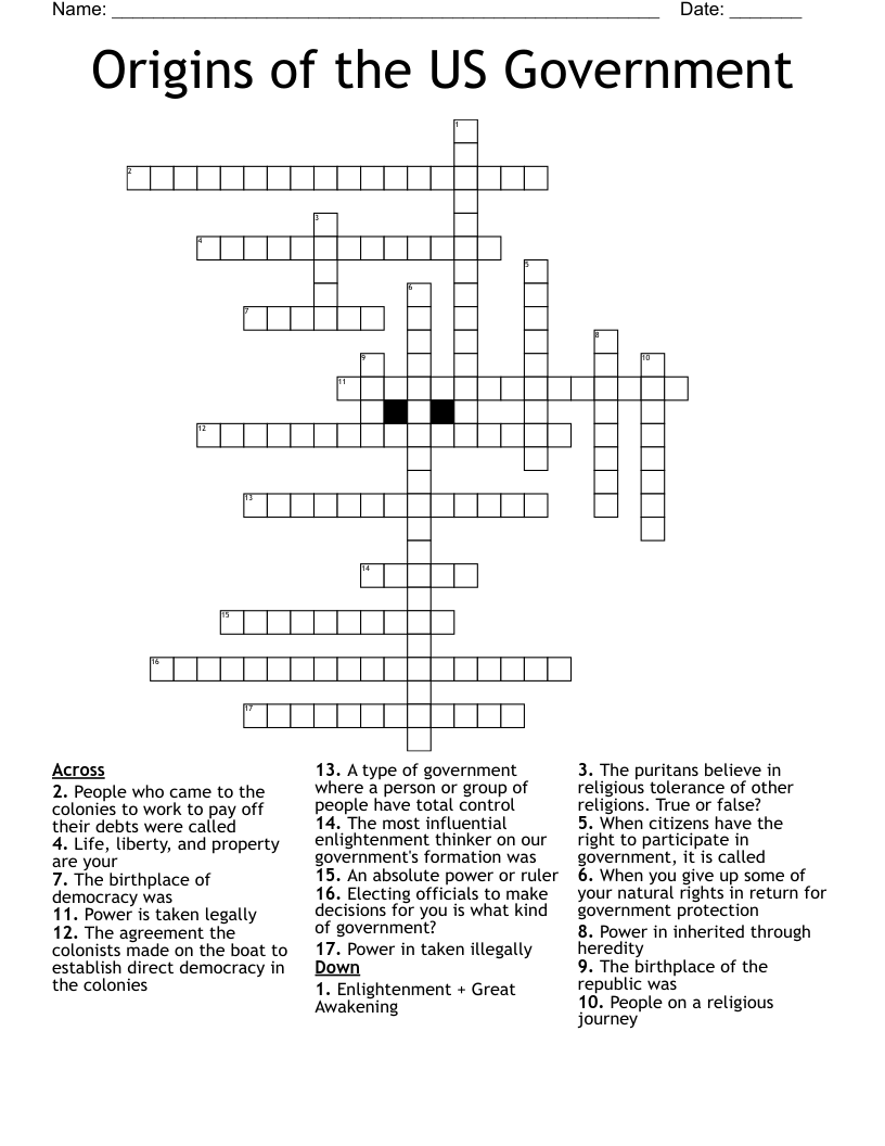 Origins of the US Government Crossword