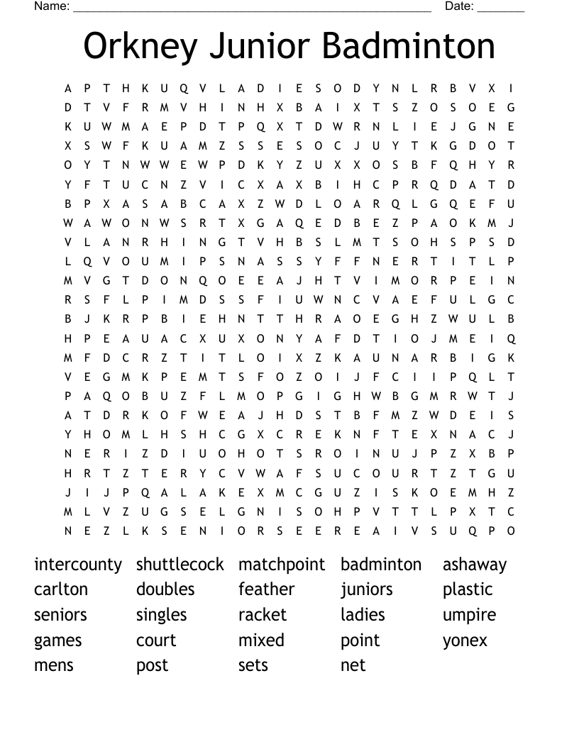 Orkney Junior Badminton Word Search