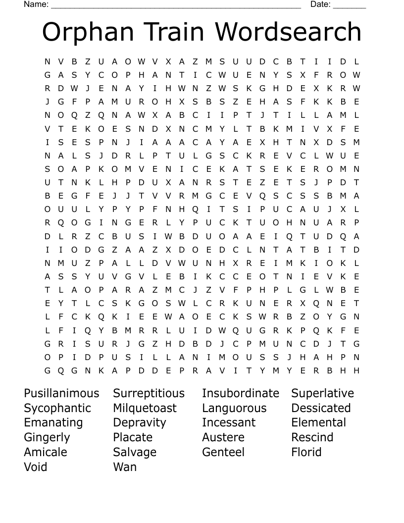 Orphan Train Wordsearch