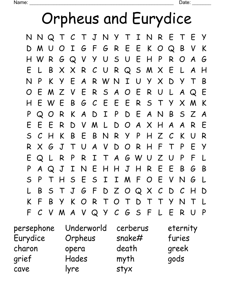 Orpheus and Eurydice Word Search