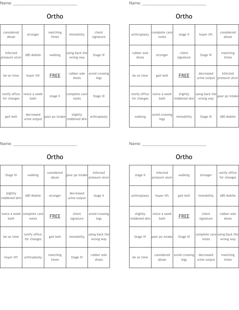 Ortho Bingo Cards