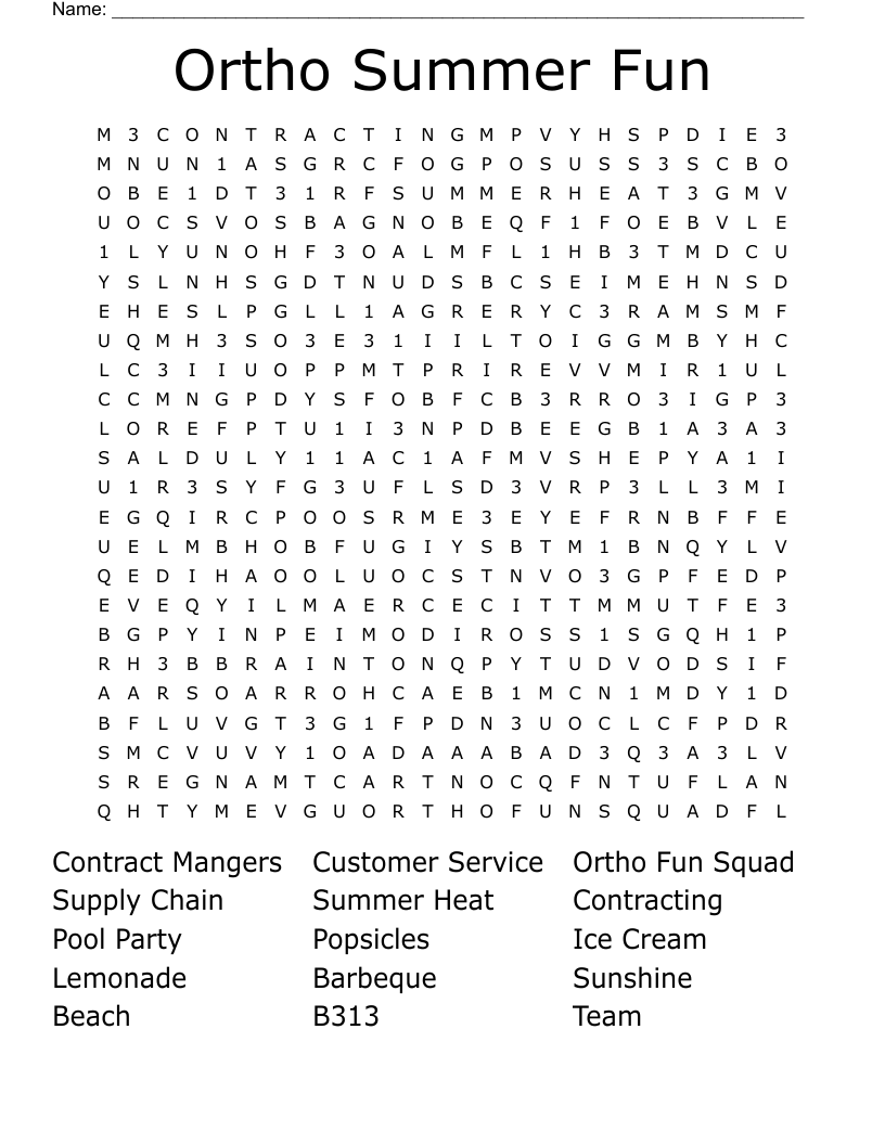 Ortho Summer Fun Word Search