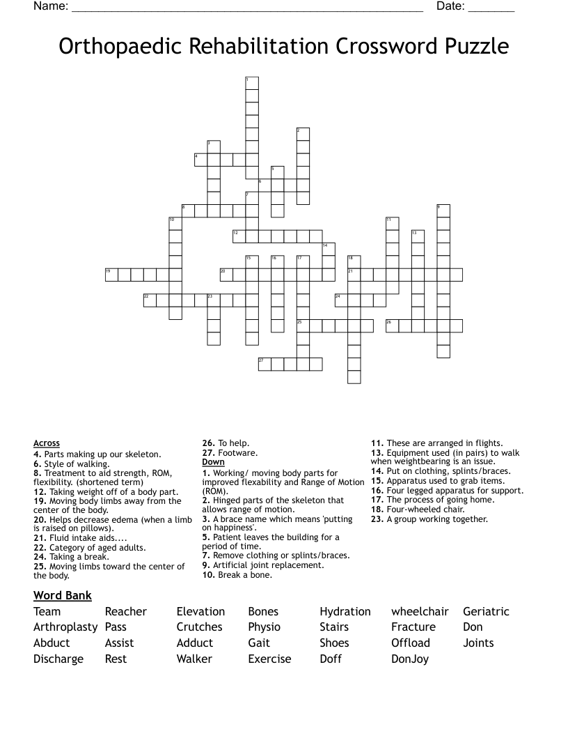 Orthopaedic Rehabilitation Crossword Puzzle