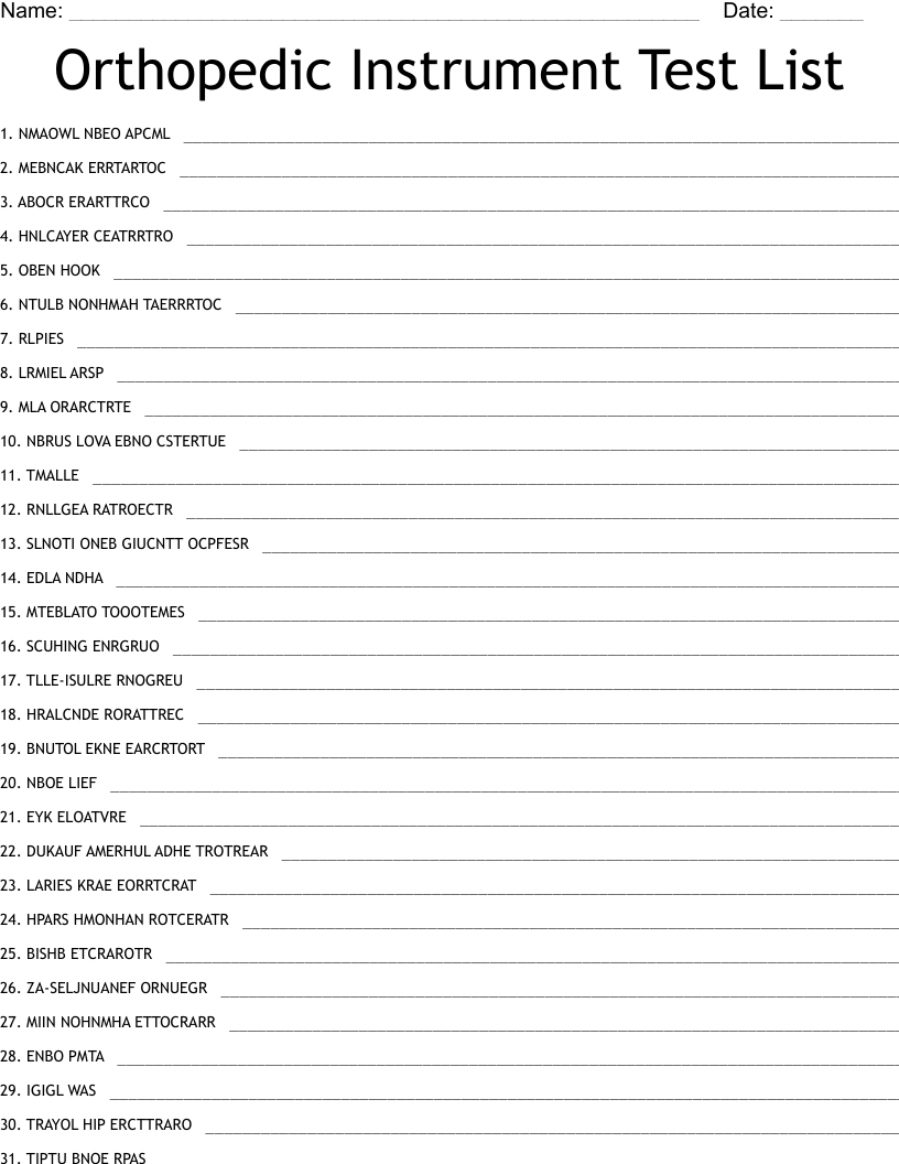 Orthopedic Instrument Test List  Word Scramble