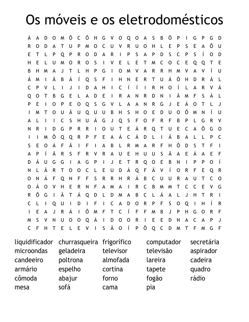 Os móveis e os eletrodomésticos Word Search