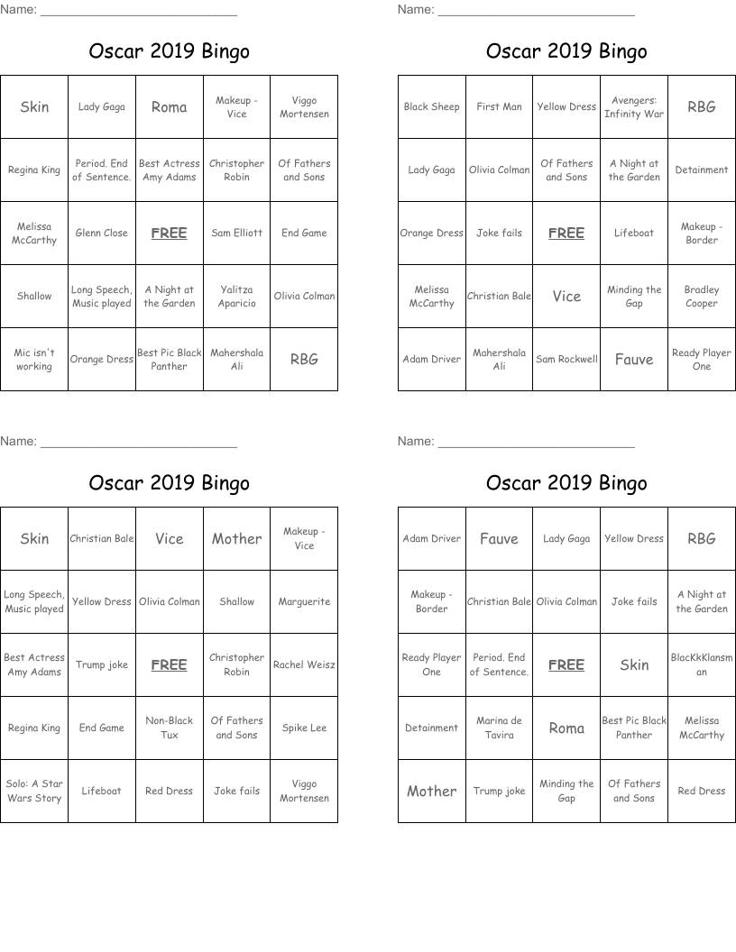 Oscar 2019 Bingo