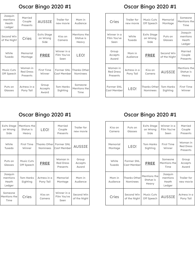 Oscar Bingo 2020 #1