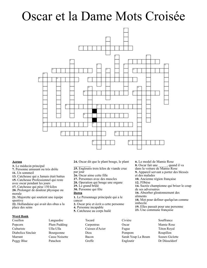 Oscar et la Dame Mots Croisée Crossword