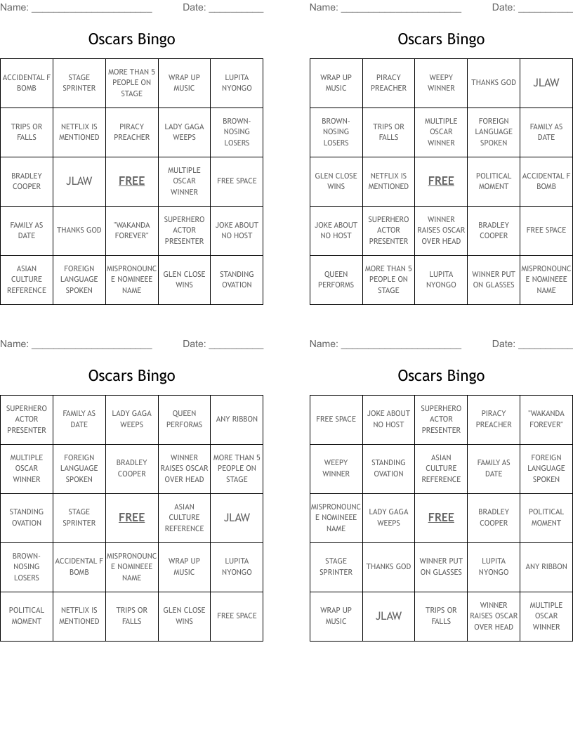 Oscars Bingo