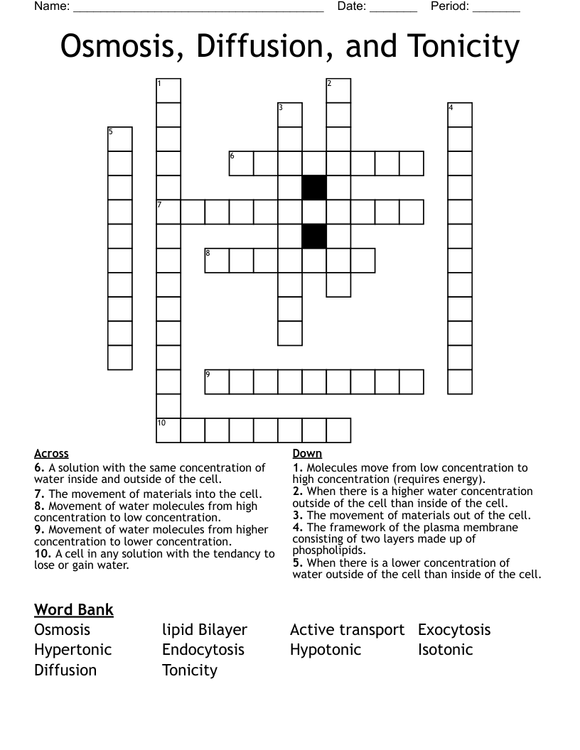 Osmosis, Diffusion, and Tonicity Crossword