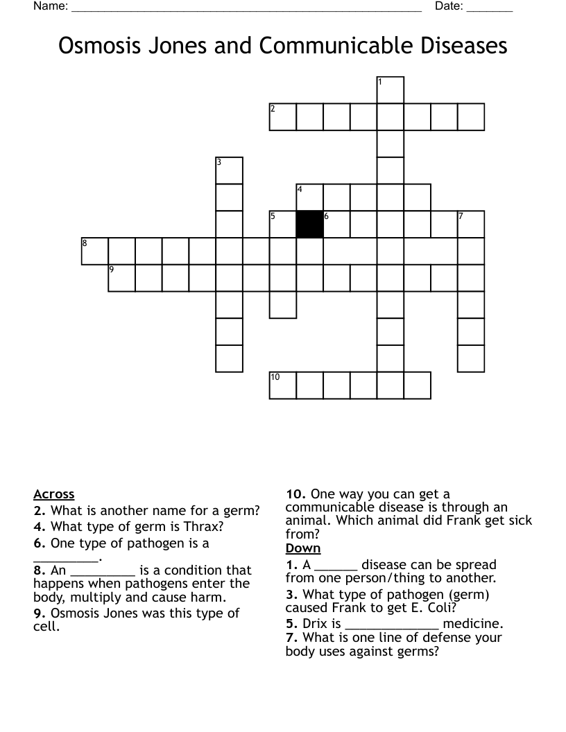 Osmosis Jones and Communicable Diseases Crossword