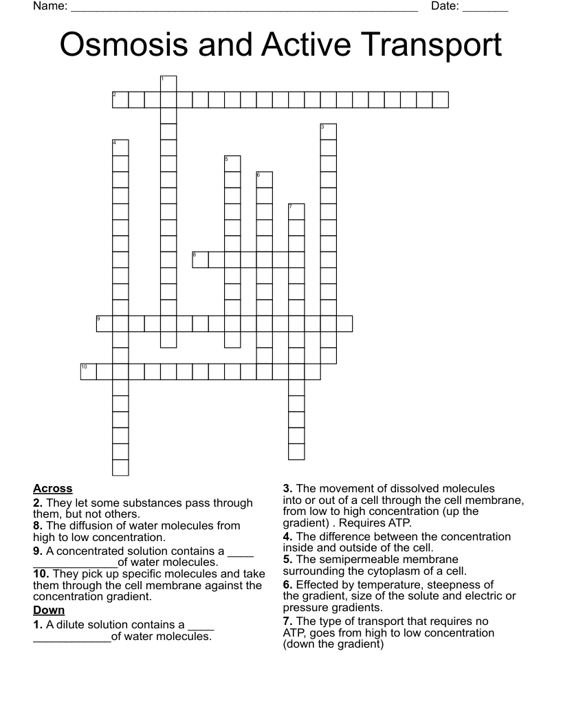 Osmosis and Active Transport Crossword