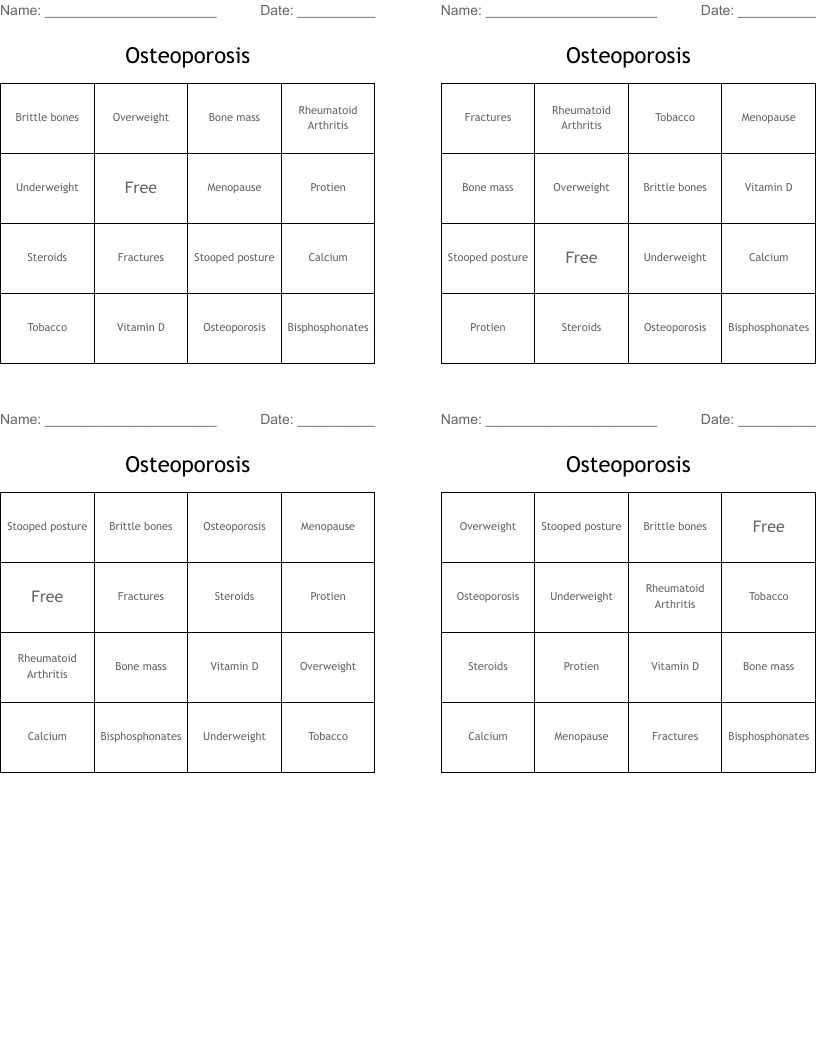 Osteoporosis Bingo Cards