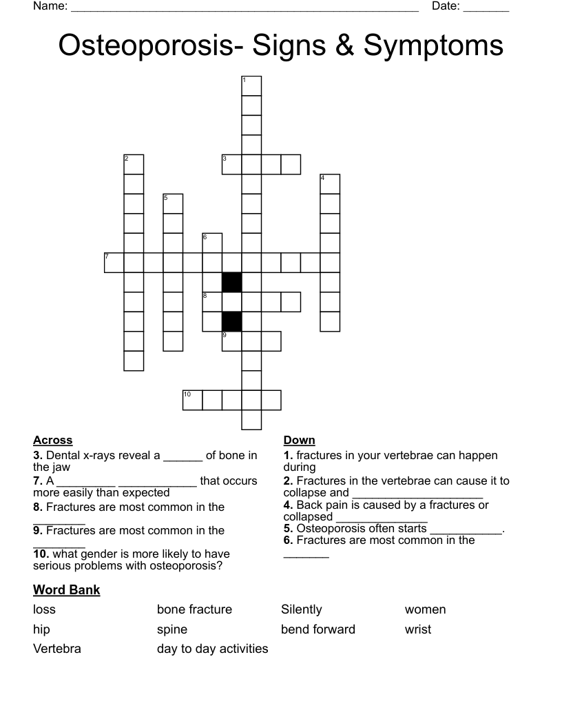Osteoporosis- Signs & Symptoms Crossword