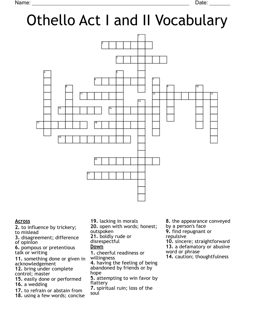 Othello Act I and II Vocabulary Crossword