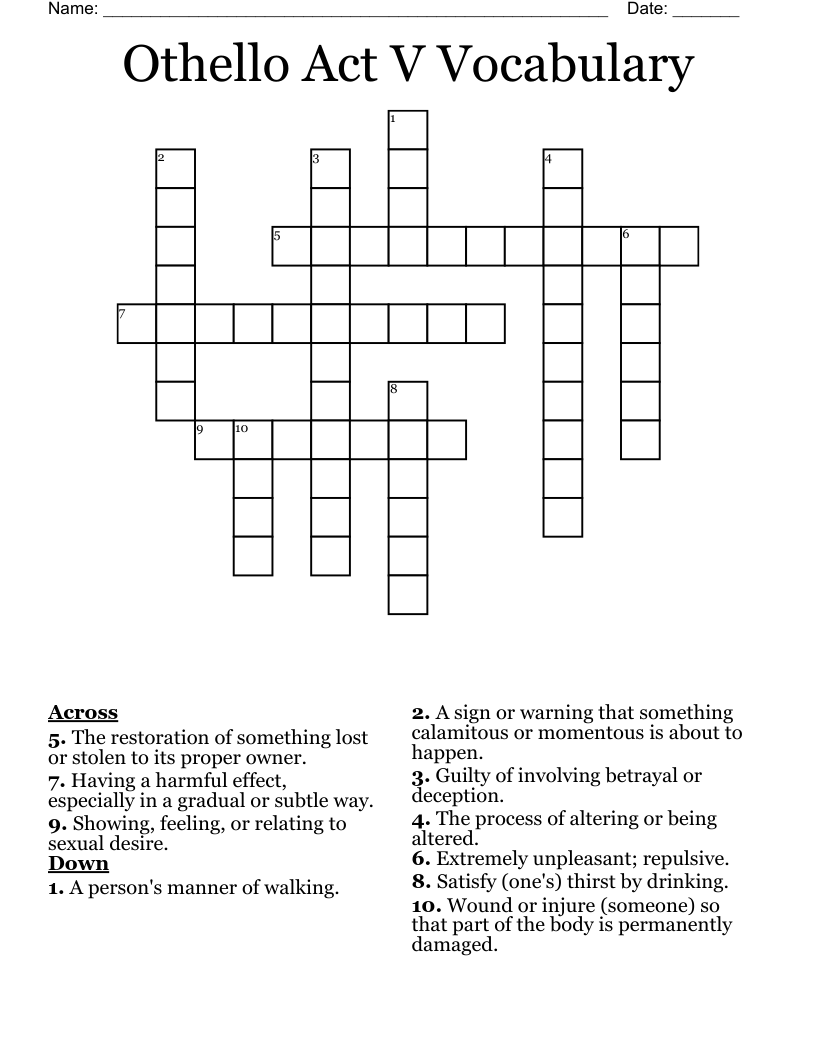 Othello Act V Vocabulary Crossword