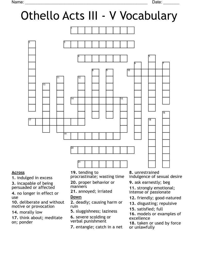 Othello Acts III - V Vocabulary Crossword