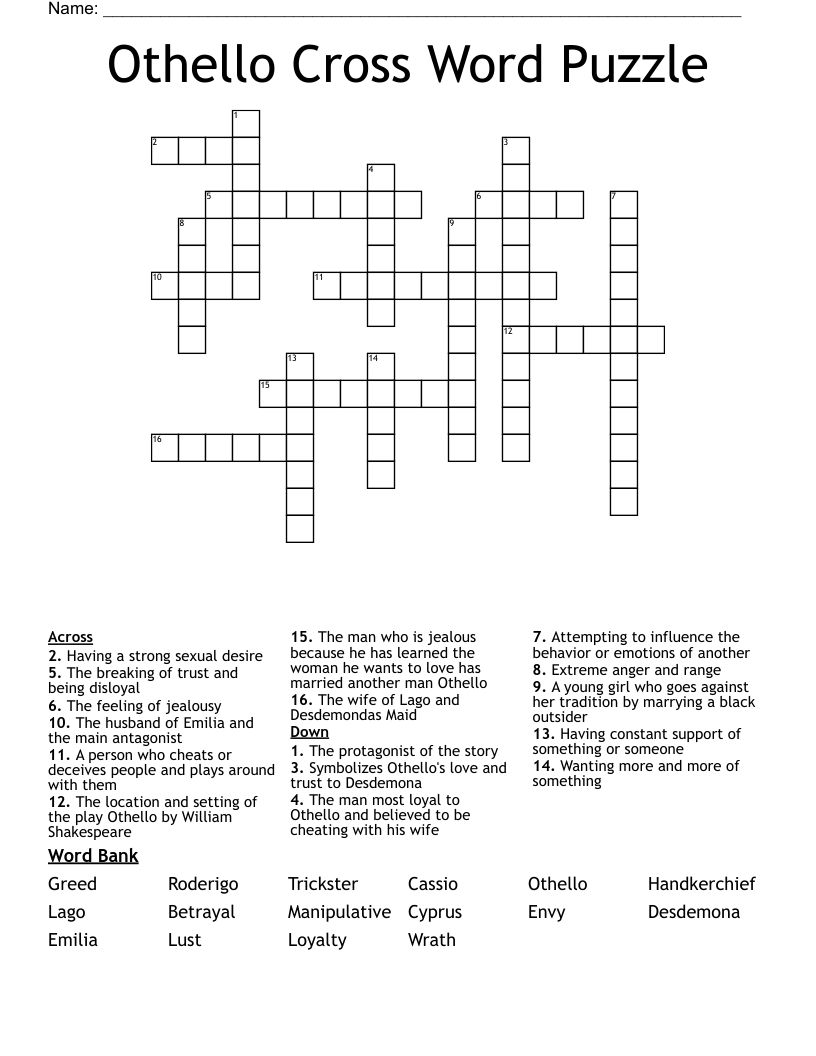 Othello Cross Word Puzzle