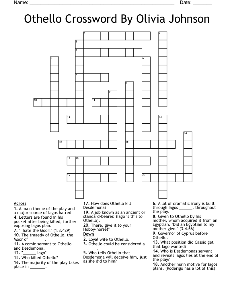 Othello Crossword By Olivia Johnson
