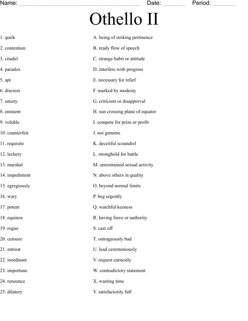 Othello II Worksheet