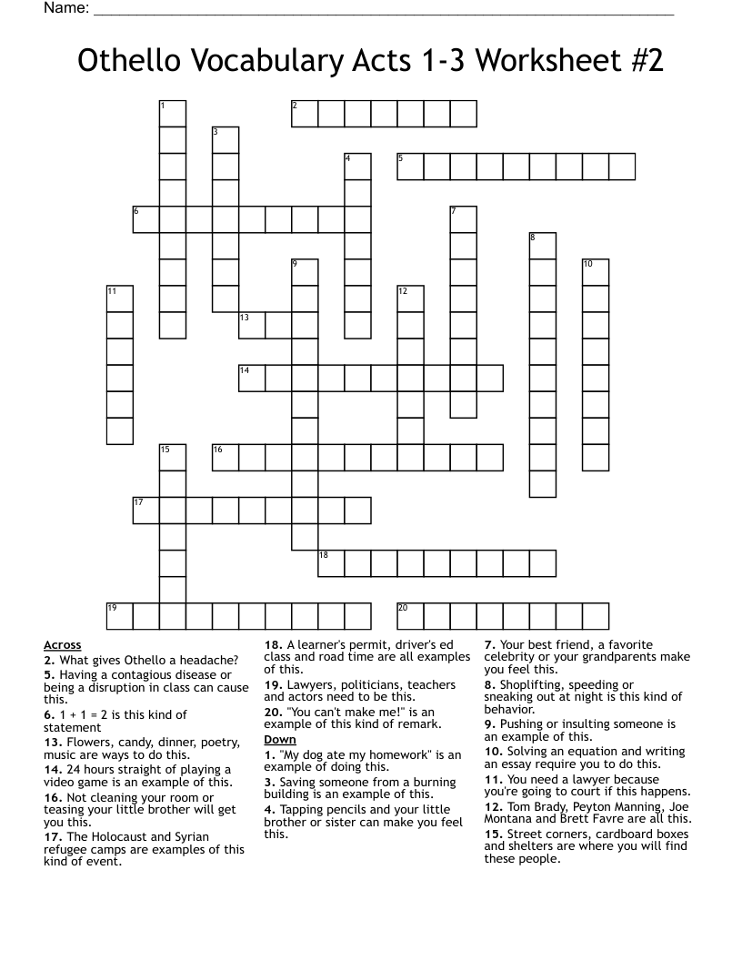 Othello Vocabulary Acts 1-3 Worksheet #2 Crossword