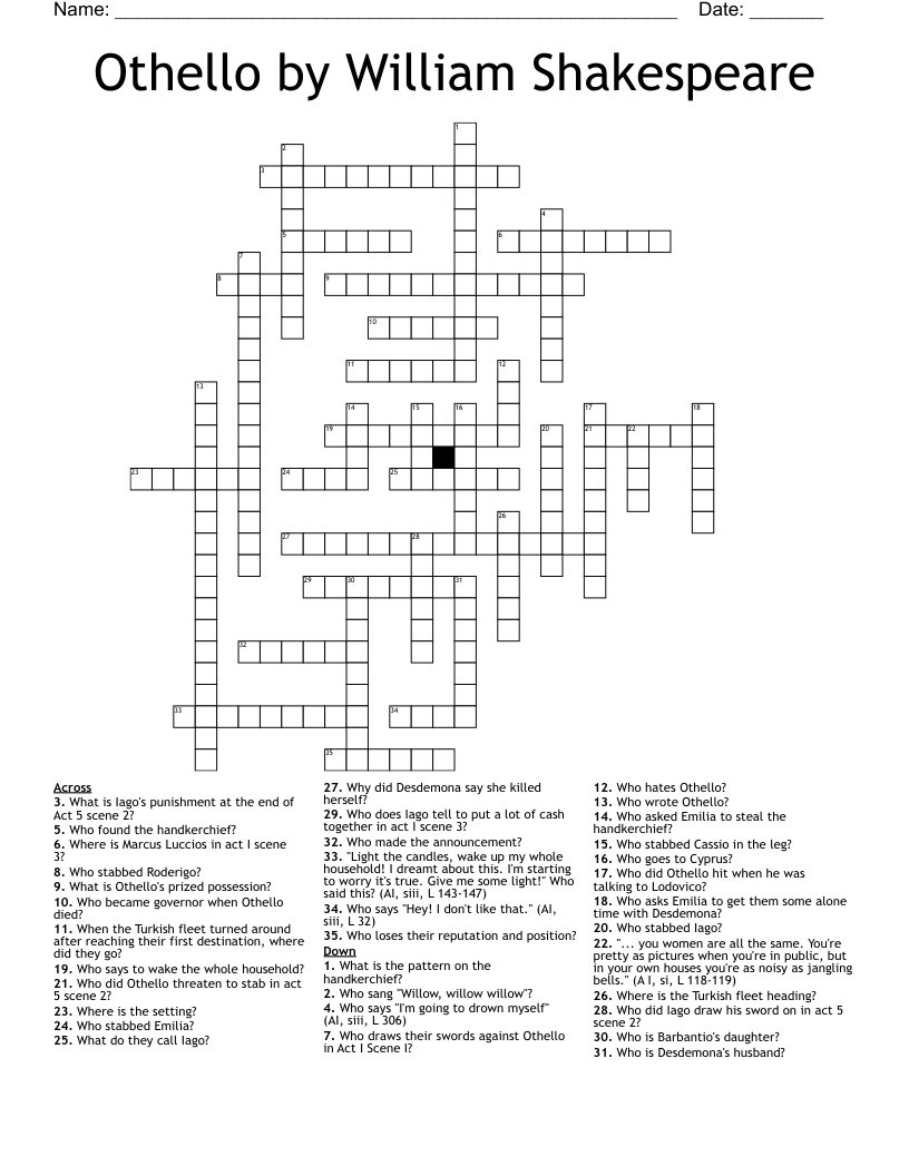 Othello by William Shakespeare Crossword