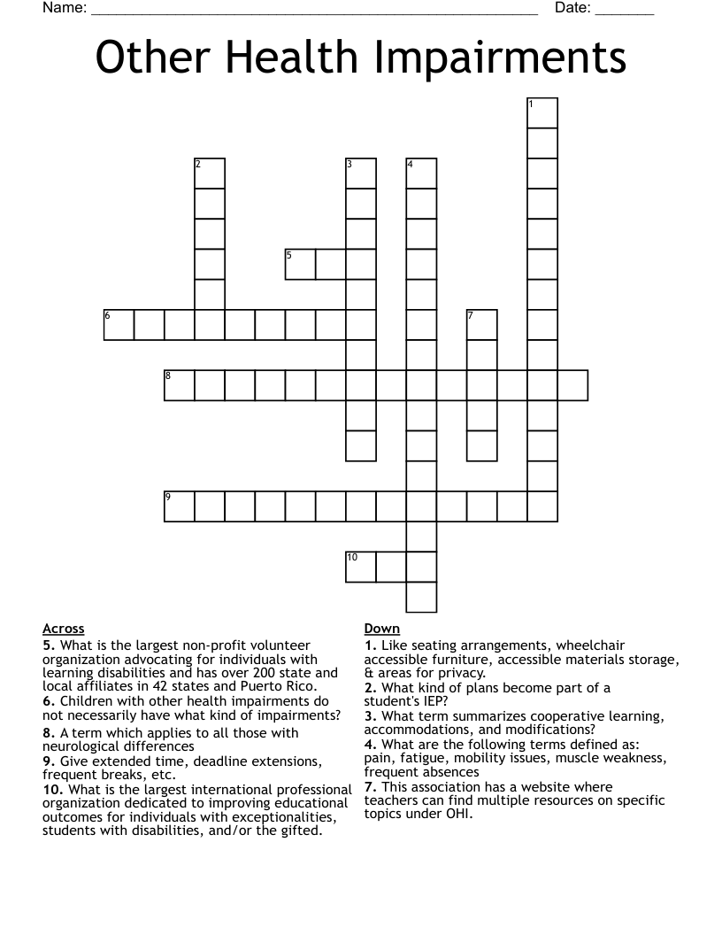 Other Health Impairments Crossword