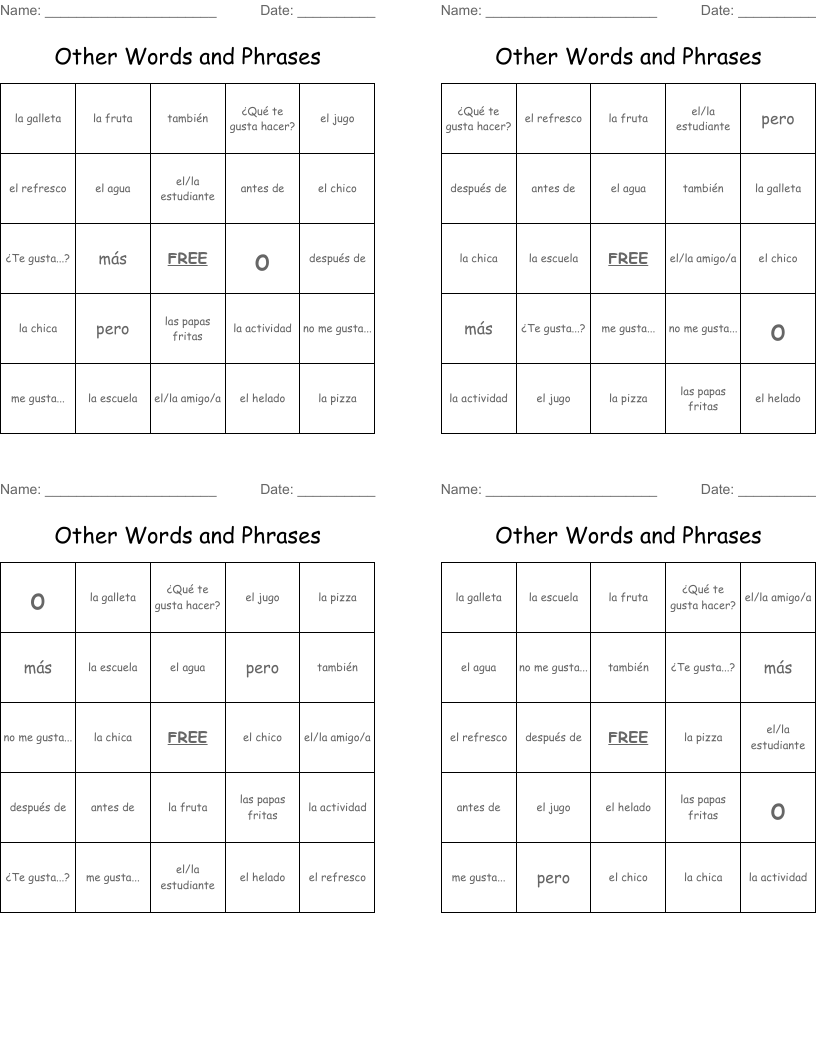 Other Words and Phrases  Bingo Cards