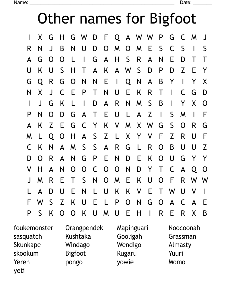 Other names for Bigfoot Word Search
