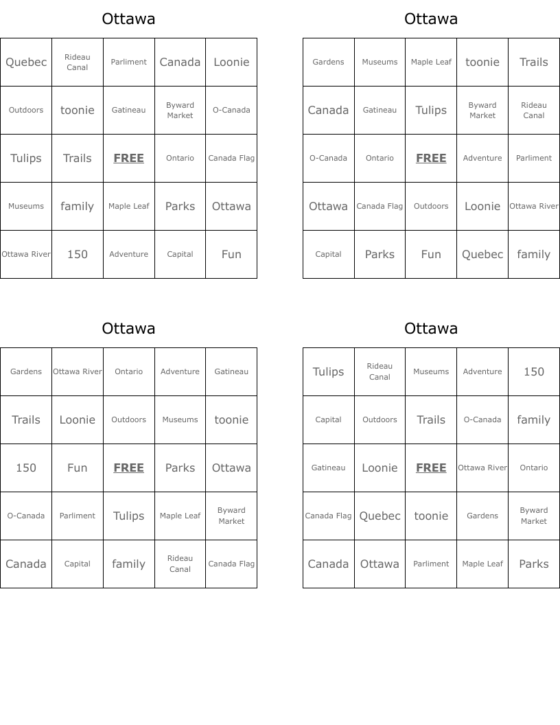 Ottawa Bingo Cards