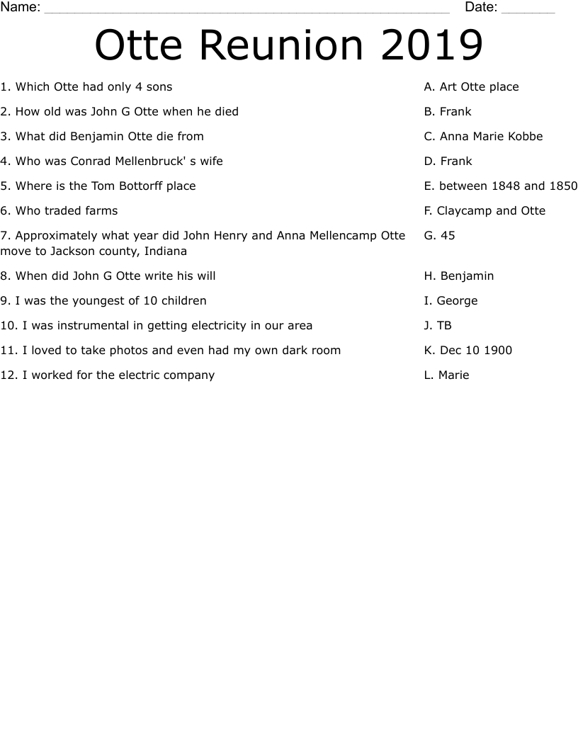 Otte Reunion 2019 Worksheet