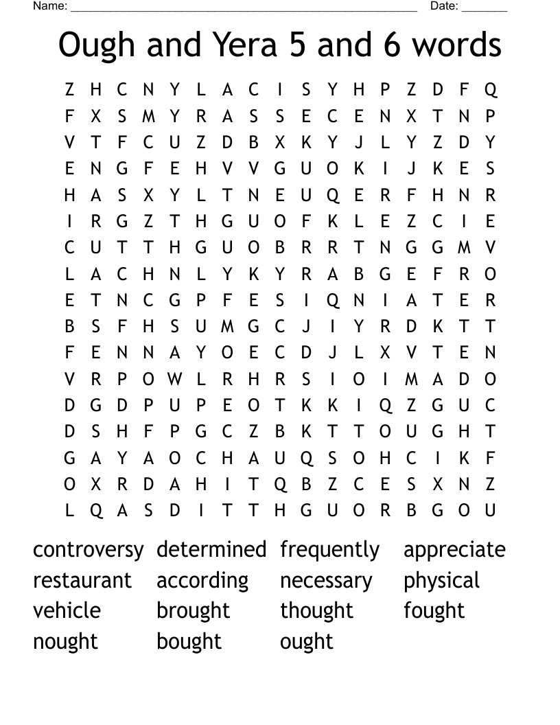 Ough and Yera 5 and 6 words Word Search