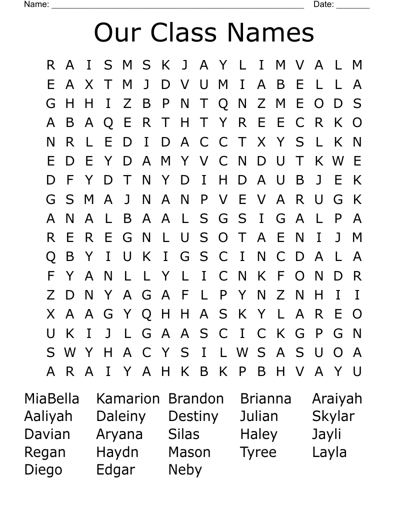 Our Class Names Word Search