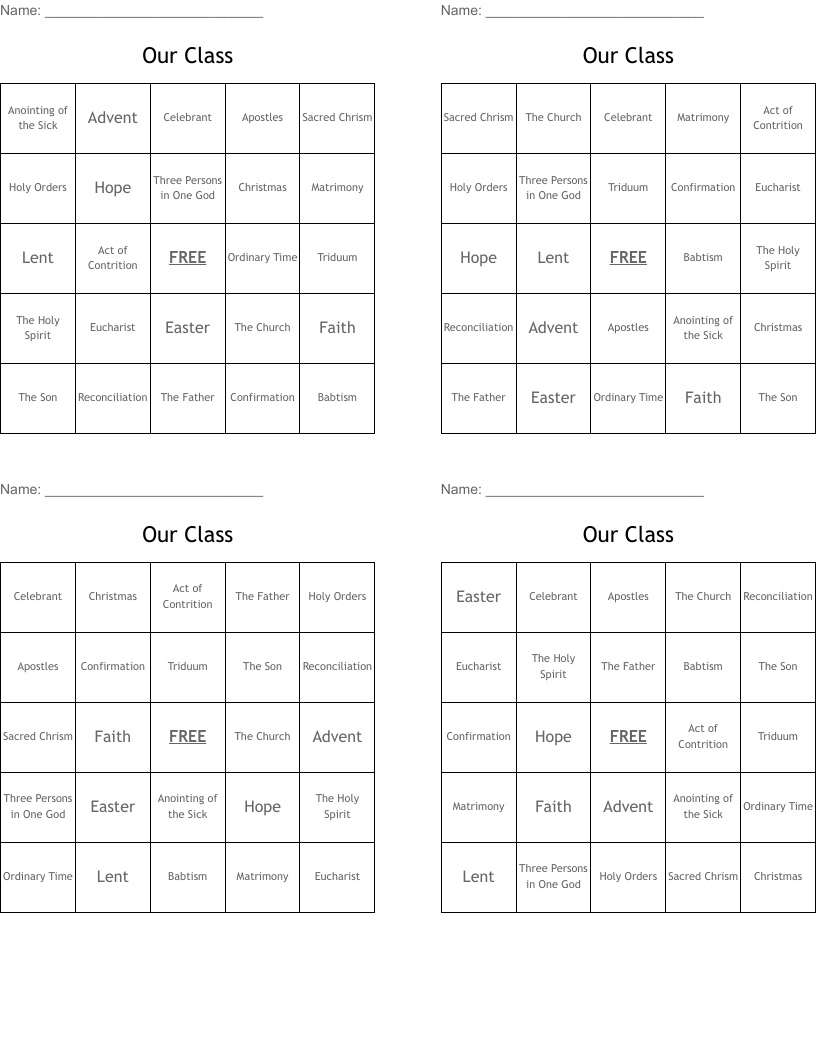 Our Class  Bingo Cards