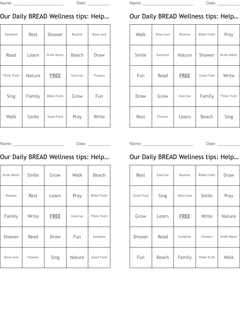Our Daily BREAD Wellness tips: Helpful reminders for daily wise choices. Bingo Cards