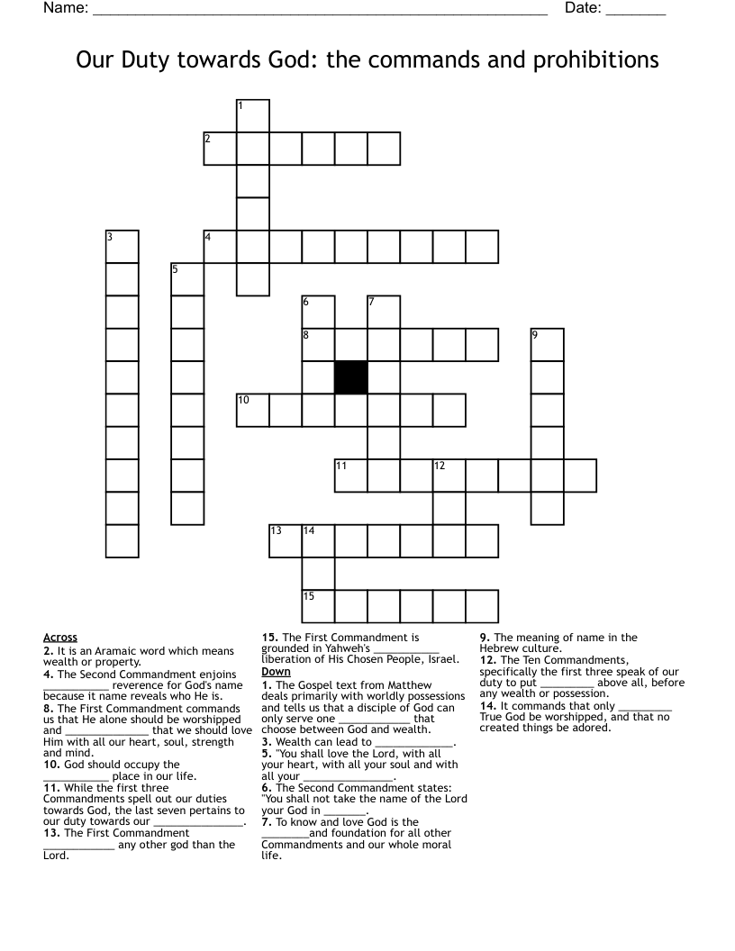 Our Duty towards God: the commands and prohibitions Crossword